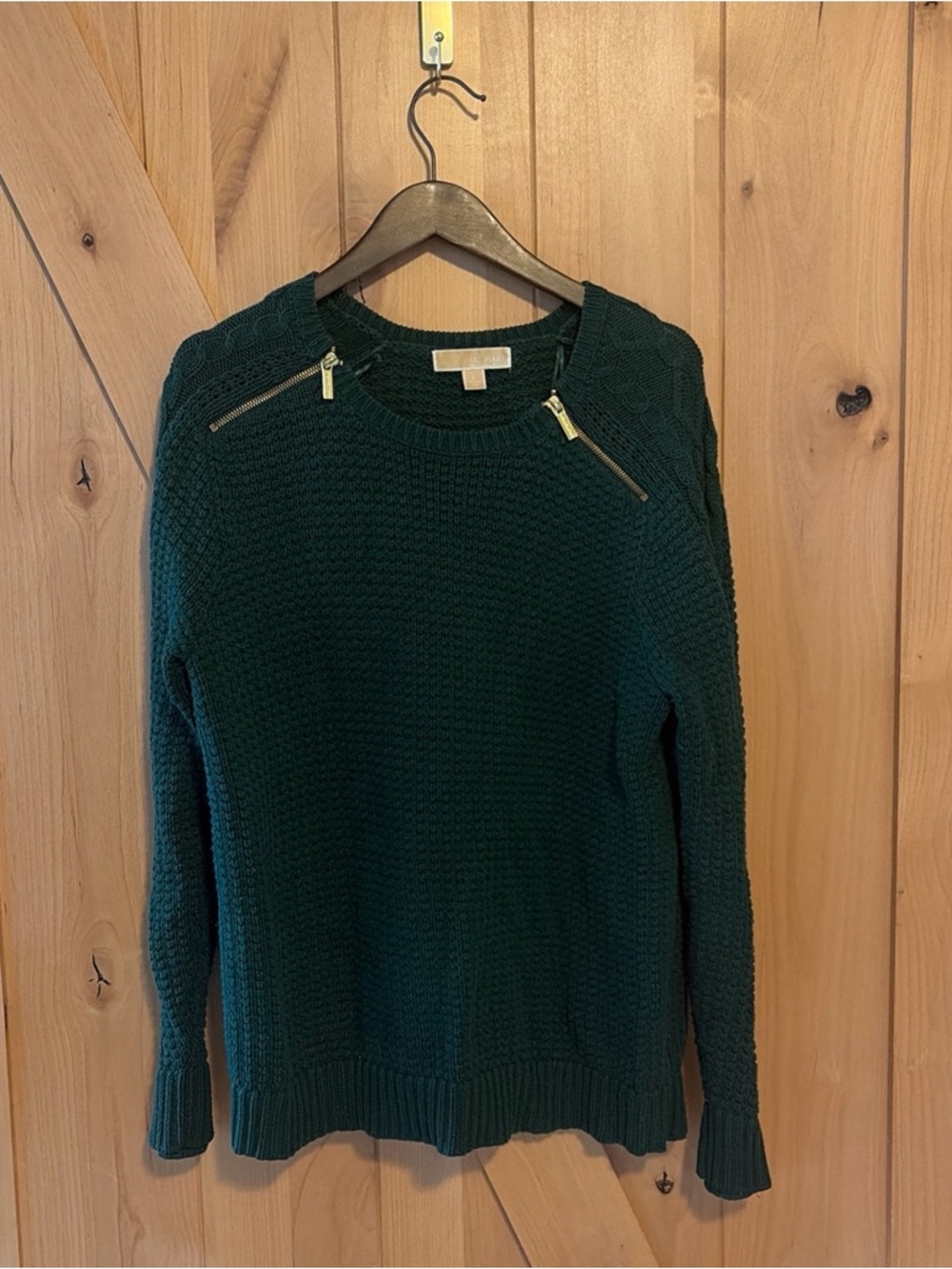 Michael Kors Green Waffle Knit Sweater Large Gold Accents